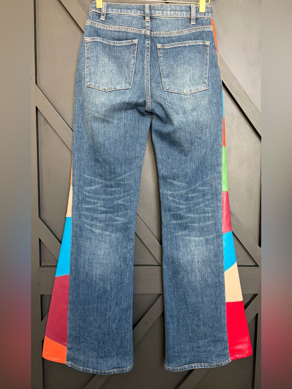 Alice + Olivia High Waisted Flare Jeans with Vegan Leather Patchwork, Size 26 - Picture 10 of 14